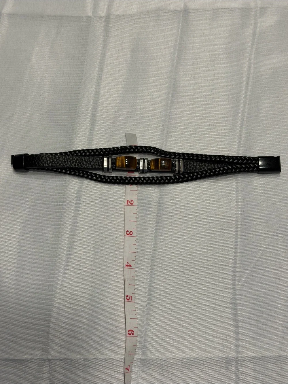 Men's Black Leather Bracelet with Brown Stone charm and Magnetic Clasp